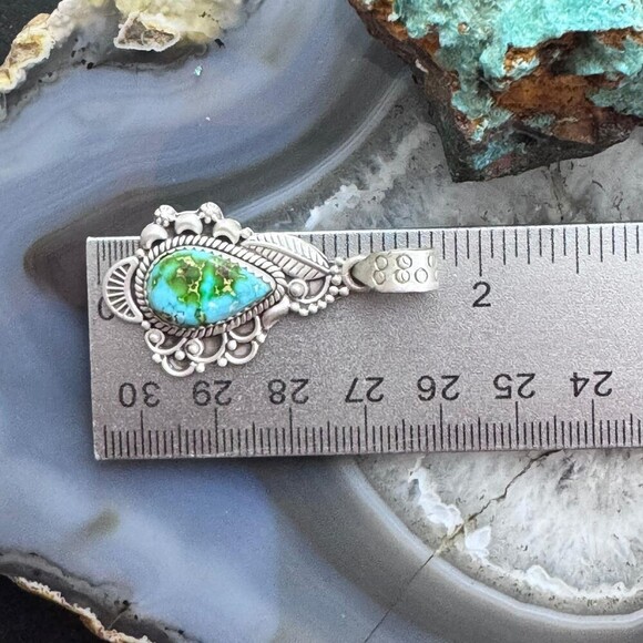 Sterling Southwestern Style Teardrop Sonora Gold Turquoise Decorated Pendant - Picture 10 of 10